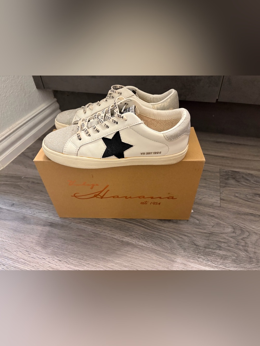 Vintage Havana White Sneakers with Silver Glitter and Black Star
